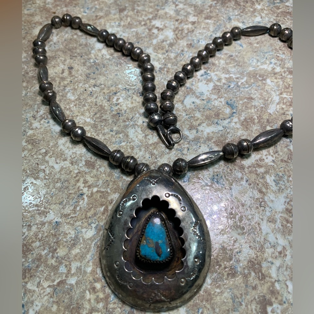 Old Pawn Native American Navajo Pearl necklace w Shadow Box Turquoise Pendant